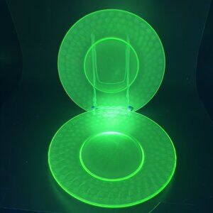 Vintage Uranium UV Glowing Glass Dish Plate Round Dishes Plates Optic Dots Set 2